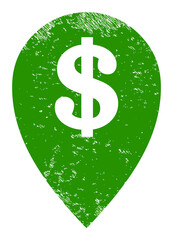 Bank map marker icon with grunge effect. Isolated vector bank map marker pictogram with grunge rubber texture on a white background.