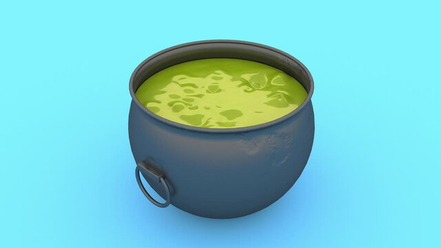 3d witch cauldron with boiling magic potion. Old kitchen boiler with green soup cooking. Sorcery poison, witchcraft equipment. Halloween concept. Space for text