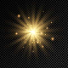 Glow bright light star, yellow sun rays.