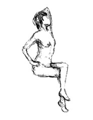 Doodle art illustration of a nude female human figure sitting with one leg under the other and hand on hip in line drawing style in black and white on isolated background.