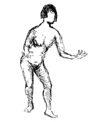 Doodle art illustration of a nude female figure posing standing imploring, pleading with hands done in continuous line drawing style in black and white on isolated background.