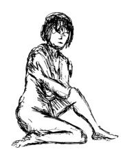 Doodle art illustration of a nude female human figure Sitting With One Knee Up Arms Crossed in line drawing style in black and white on isolated background.