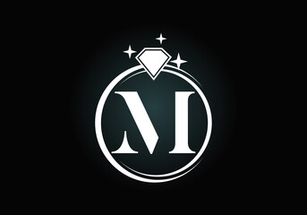 Fototapeta premium Initial M monogram letter alphabet in a circle with Diamond. Diamond Ring Logo. Jewelry logo design concept. Modern vector logo for business and company identity.
