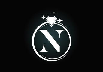 Initial N monogram letter alphabet in a circle with Diamond. Diamond Ring Logo. Jewelry logo design concept. Modern vector logo for business and company identity.