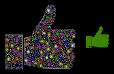 Glowing network thumb up constellation icon with lightspots. Illuminated vector constellation based on thumb up icon. Sparkle carcass mesh thumb up on a black background.
