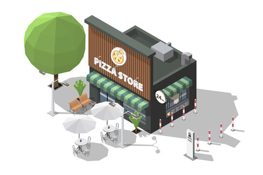 Isometric pizza shop or pizza store and bench to sit and wait at the entrance 3D model of restaurant and Drive Thru take away pick up point vector illustration isolated on white backgrounds