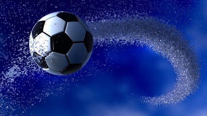 Fototapeta premium Soccer Ball with Diamond Water Particles under Blue Sky Lighting Background. 3D illustration. 3D high quality rendering. 3D CG.