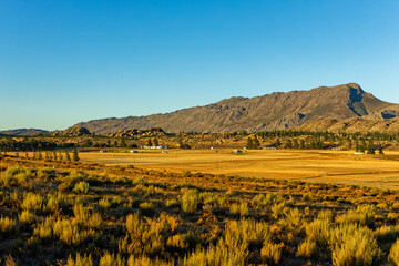 Early morning landscape of fields and mountains