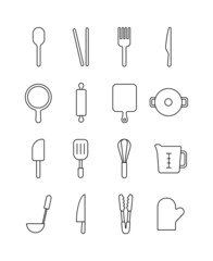 Kitchen cooking tools icon set. Fork, spoon, spoon, knife, chopsticks, frying pan, chopping board, pot, spatula, spatula, mixer, ladle, tongs, glove black outline icons.