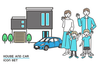 仲良し家族とマイカーとマイホームのベクターイラスト素材／車／家
