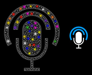 Glossy net podcast microphone constellation icon with lightspots. Illuminated vector constellation based on podcast microphone icon. Sparkle frame polygonal podcast microphone on a black background.