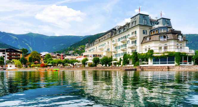 Beautiful view from the lake to the promenade of Zell am See, Austria