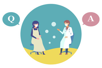 女性医師の診察を受ける妊婦さん　マスク着用　質問　答え　吹き出し