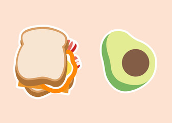 Healthy Versus Unhealthy Food Concept. Vector Illustration of a Sandwich and an Avocado. Sandwich and Avocado Cute Stickers.