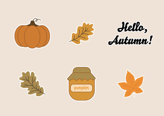 Autumn Stickers Collection. Fall Season Elements Template. Vector Illustration. 