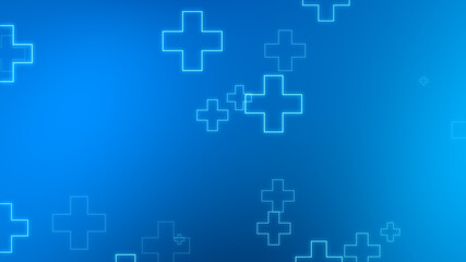 Medical health blue cross neon light shapes pattern background. Abstract healthcare technology and science concept.