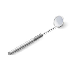Basic Dentist Instrument - Dental Inspection Mirror on White Background. Item of Metal Medical Equipment for Teeth Dental Care. Dental Hygiene and Healthcare Concept.