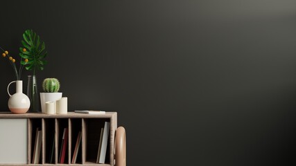 Mockup dark wall with ornamental plants and decoration item on cabinet.