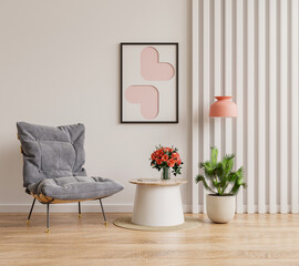 Poster mockup with vertical frames on empty white wall in living room interior with blue velvet armchair.