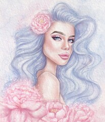 Girl with blue, long hair and peonies on blue background. Watercolor illustration for designers, book publishers, printing industry, for printing on T-shirts, fabric, phone covers, posters, postcards