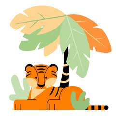 The tiger cub is lying under a palm tree. A vector image in a flat style on an isolated white background. A character from a cartoon. The symbol of the year. Drawing for printing, postcards.