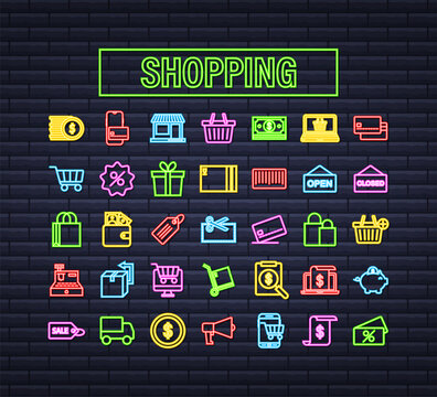 Shopping set neon icon for web design. E commerce. Discount coupon. Business icon. Price tag. Line vector. Vector stock illustration.