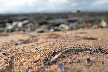 garbage on the beach, dirty sea
