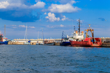 Naklejka premium Fishing trawlers in port in Nessebar, Bulgaria
