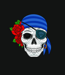 Scull and roses. Day of The Dead colorful Skull with ornament. Halloween, Dia de los muertos, Mexican sugar skull, T-shirt print design, pirate