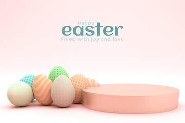 3D Easter design. Spring holiday. Festive Easter eggs. Pink background. Vector illustration.