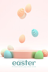 3D Easter design. Spring holiday. Festive Easter eggs. Pink background. Vector illustration.