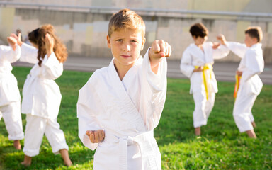 Portrait of positive european schoolboy in kimono practicing karate with his friends in park on...