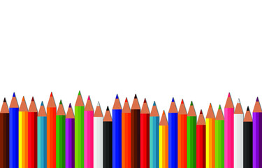 Horizontal border with rainbow color pencils. Twelve rainbow scale color bright crayons with erasers line frame, flat cartoon design. Back to school bright template