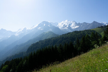 Obraz premium Panoramic view of relaxing mountain scenery with mountains in the background and meadow, grass on a nice, sunny day