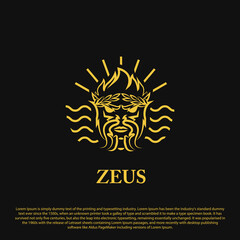 Premium Zeus logo concept. Zeus head with sunbeam and wave background