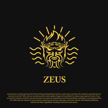 Premium Zeus logo concept. Zeus head with sunbeam and wave background