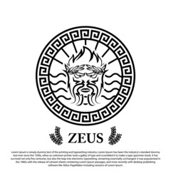 Premium Zeus logo concept. Zeus head with circle ornament and sunbeam wave background