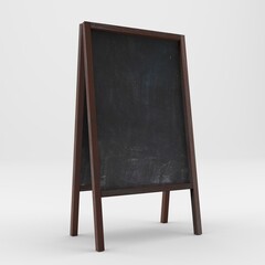 Empty chalk board in a wooden frame on a light background. Place for your text or message. Pavement sign. Blackboard A-boards. 3d rendering