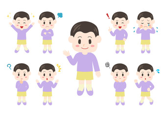 男の子のポーズと表情のイラスト: 全身セット