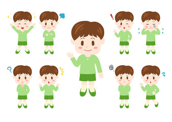 幼い男の子のポーズと表情のイラスト: 全身セット