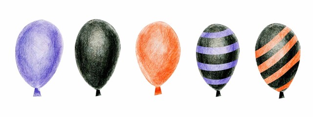 Halloween balloons. Scary air orange, black and white balloons. Flying Set of holiday balloons isolated. Decoration element for halloween celebration