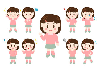 幼い女の子のポーズと表情のイラスト: 全身セット