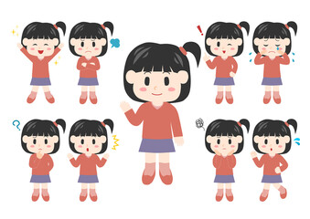 幼い女の子のポーズと表情のイラスト: 全身セット