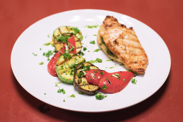 Meat with tomatoes, eggplant and pepper Healthy lunch menu. Diet food. View from above 