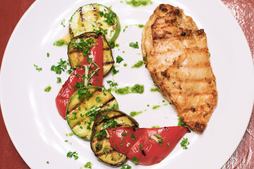 Meat with tomatoes, eggplant and pepper Healthy lunch menu. Diet food. View from above 