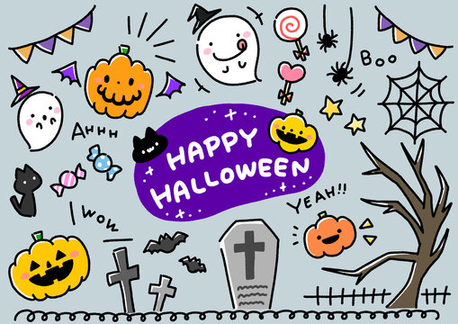 手書きらくがき風のかわいいハロウィンかぼちゃとおばけのHappy Halloween Party！