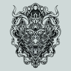 tattoo and t shirt design black and white hand drawn illustration dragon head engraving ornament - obrazy, fototapety, plakaty