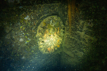 フィリピン、パラワン州のブスアンガ島コロン島に沈没している日本の沈没船をダイビングで撮影した写真 Photo taken by diving of a Japanese sunken ship sinking on Coron Island, Busuanga, Palawan, Philippines. 