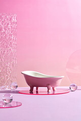 Bath tub mini with Glass Geometric podium and marbles . Monochrome platform with ribbed acrylic sheets and crystal podium on radiant pink background. Stylish background for presentation - obrazy, fototapety, plakaty