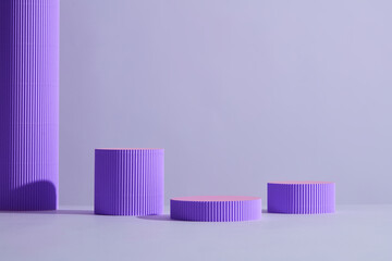 Minimal scene with podium and abstract background. Pastel Purple background for social media banner, cosmetics show. 